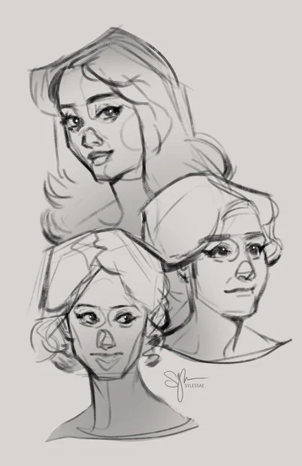 A trio of portraits sketched very quickly in a digital format. While rough, they capture different emotions and features for each character.