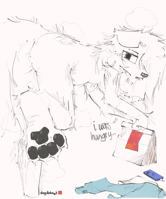 Ava (samoyed) leaning over to tend to her maccas order since she's hungry, with all of her clothes and her phone sprawled out on the floor. Also, her pawb