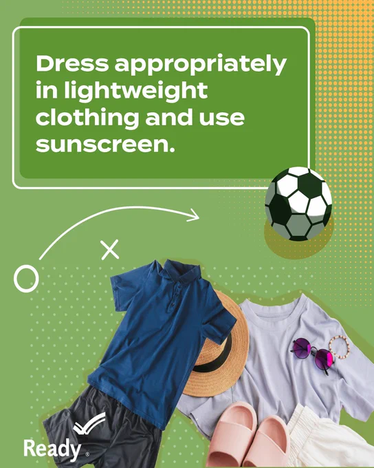 Flat lay of lightweight summer clothes including a blue polo, white t-shirt, hat, sunglasses, and sandals with a soccer ball graphic and sun safety advice.