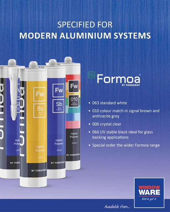 Selection of Formoa sealant tubes specified for aluminium systems, showcasing color options like white, brown, grey, and clear - now available from Window Ware