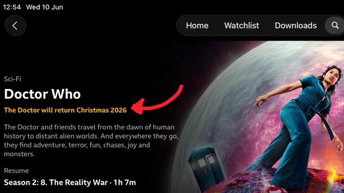 Screenshot of BBC iPlayer saying Doctor Who will be back Christmas 2026