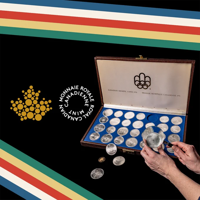 Collage, rayures colorées, logo d’une feuille d’érable à côté du logo de la Monnaie royale canadienne, un coffret de présentation ouvert contenant plusieurs pièces et une main tenant une loupe et une pièce en argent.