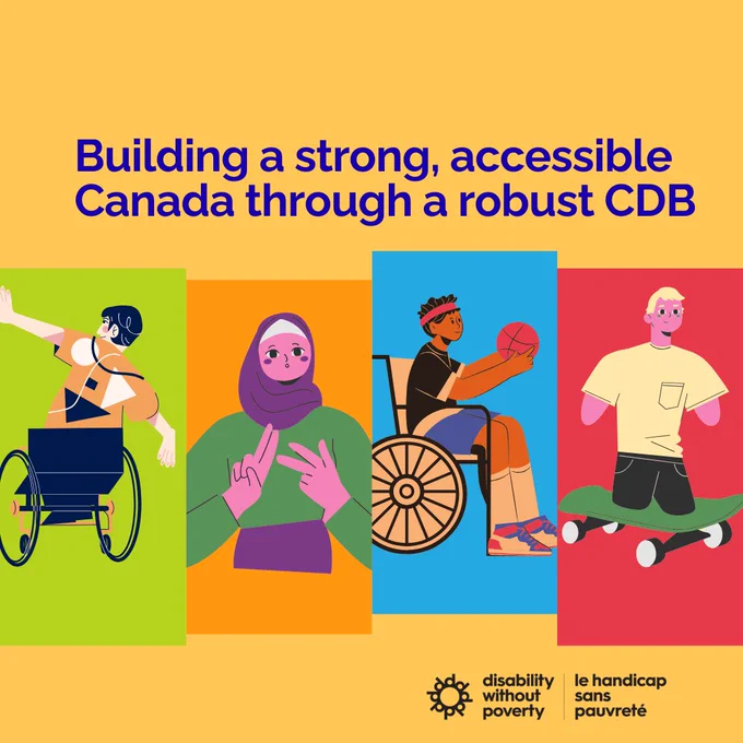 Text: Building a strong, accessible Canada through a robust CDB. Below L-R: person in a wheelchair, person using sign language, person in a wheelchair holding a basketball, amputee on a skateboard.