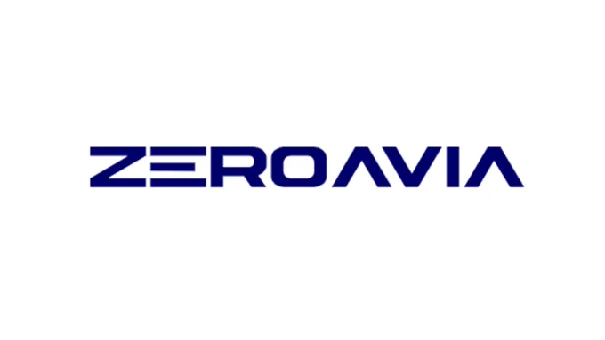 ZeroAvia logo in bold blue letters on a white background, representing clean aviation technology.