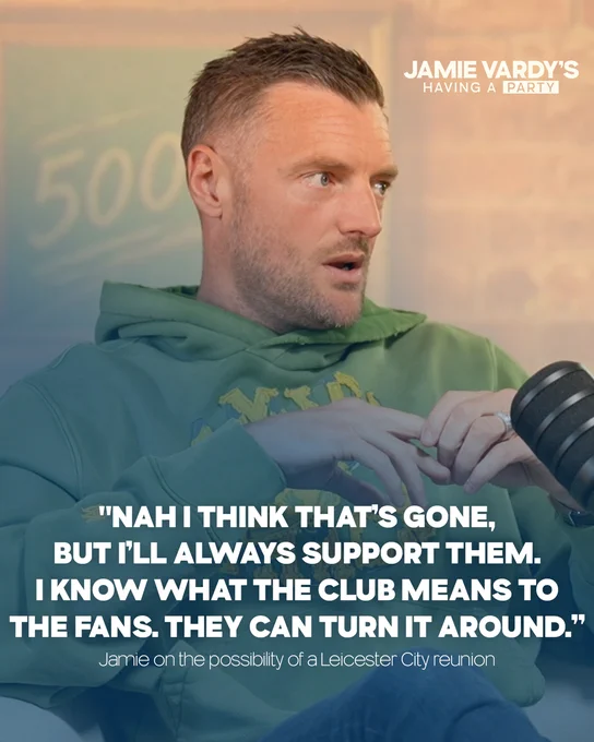 An image of footballer Jamie Vardy with a quote over the top that reads "Nah I think that's gone, but i'll always support them. I know what the club means to the fans, they can turn it around.”