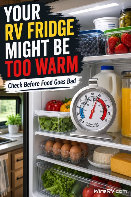Open RV refrigerator stocked with food and a refrigerator thermometer showing the internal temperature.