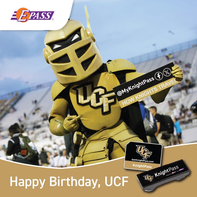 A person in a UCF Knights mascot costume stands on a football field. The backdrop includes an E-PASS logo and a crowd of spectators. In the foreground, there are UCF-branded promotional items and a message saying, "Happy Birthday, UCF."
