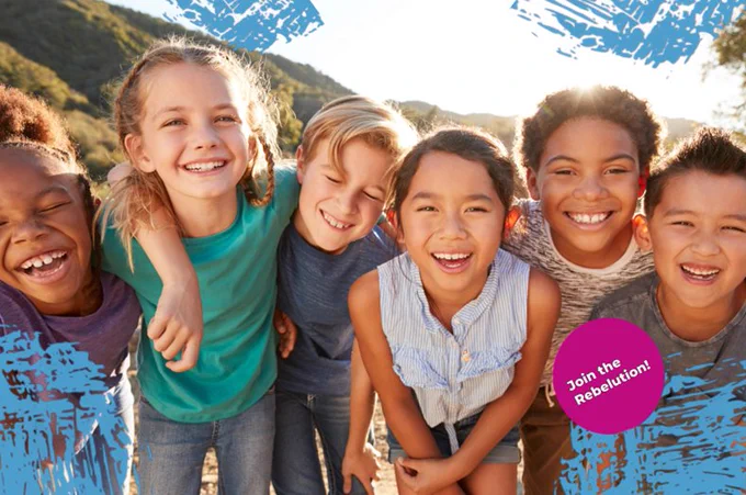 Happy children with Rebel branding
