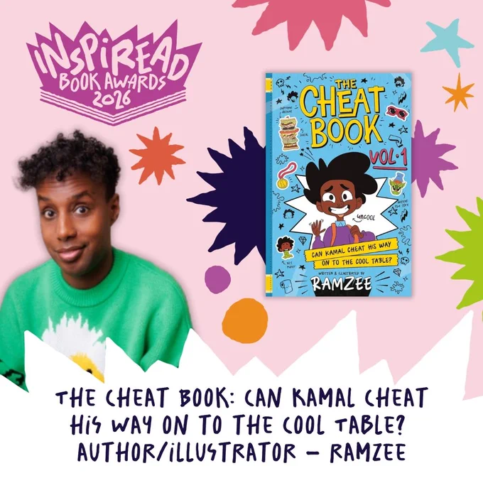 A graphic featuring RAMZEE - a Somalia-born, London-based author/illustrator with dark Brown skin and curly black/brown hair. He is wearing a bright green jumper.