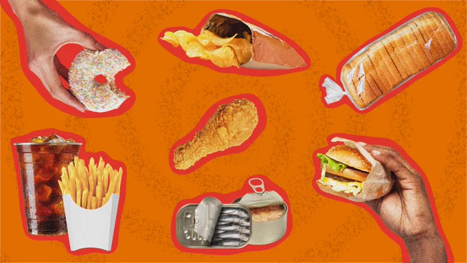 Various types of food on an orange background, including a sprinkled donut, bag of chips, loaf of bread, fried chicken drumstick, sandwich in hand, cheeseburger in hand, canned fish, soda with ice, and a carton of fries.
