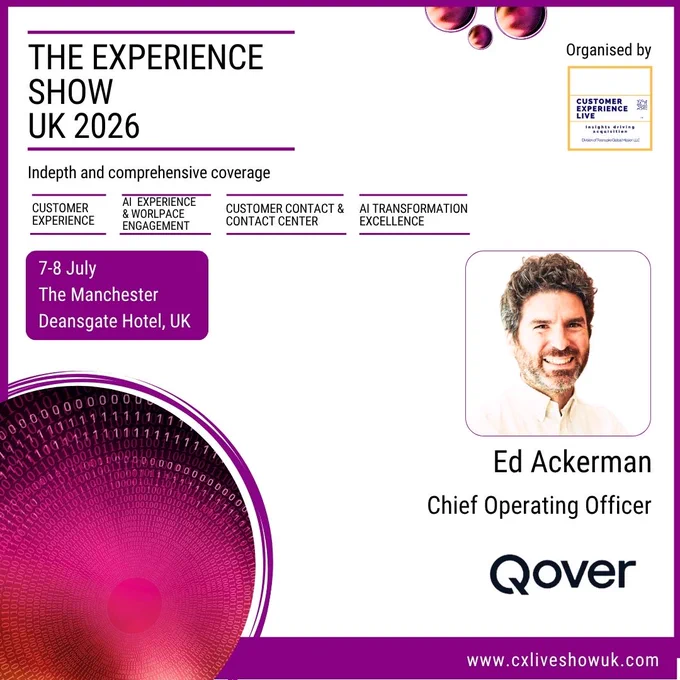 Promotional banner for The Experience Show UK 2026 featuring Ed Ackerman, COO of Qover, with event details and focus areas like AI transformation and customer experience.