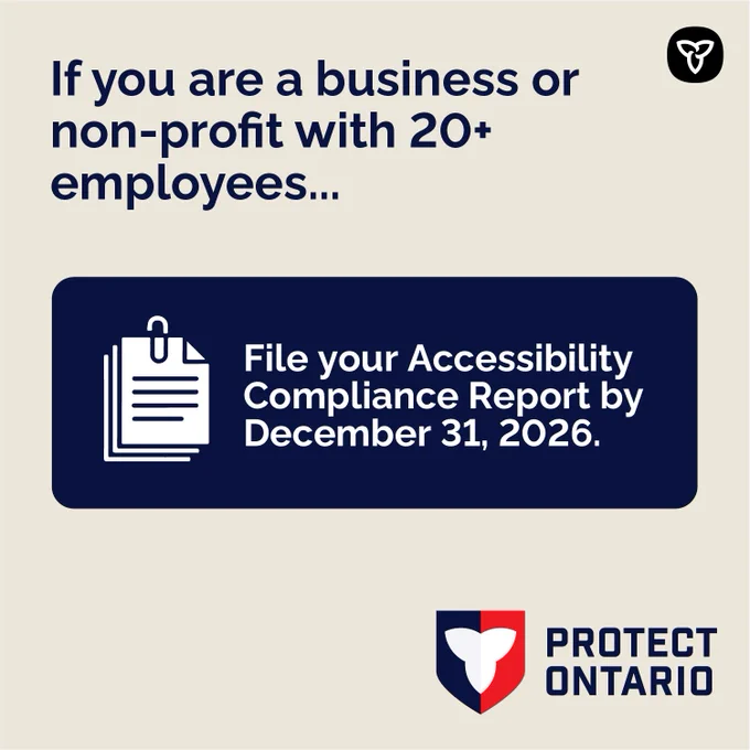 Graphic with a report icon. Text reads: If you are a business or non-profit with 20  employees, file your Accessibility Compliance Report by December 31, 2026.