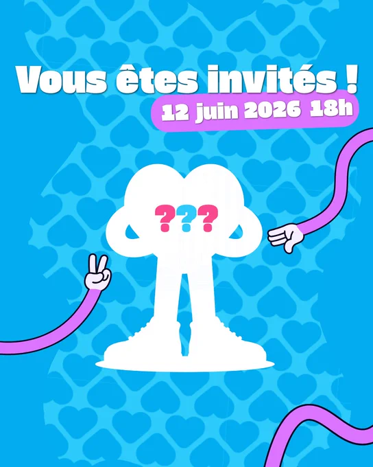 Un fond bleu avec pattern coeur
Deux mains cartoons qui se rejoignent au centre
Un coeur blanc au milieu avec des points d'interrogation

En haut un texte : "Vous êtes invités ! 12 juin 2026 18h"