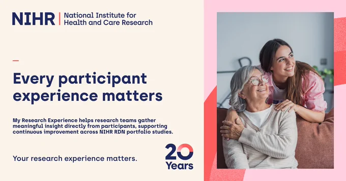 A modern promotional image for the National Institute for Health and Care Research. On the left, text reads, “Every participant experience matters” with information about improving research through participant insights. The right side features a cheerful moment between two people; an older adult in a striped sweater and glasses, and a younger person in a pink shirt, embracing and smiling on a couch. The NIHR logo and "20 Years" mark are visible.