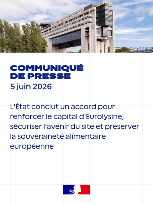 L'État conclut un accord pour renforcer le capital d'Eurolysine, sécuriser l'avenir du site et préserver la souveraineté alimentaire européenne
