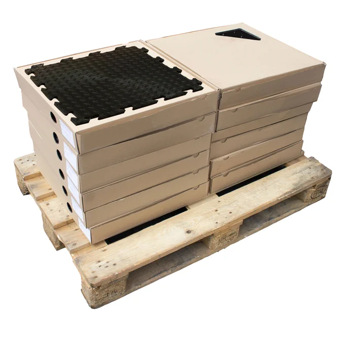 The 100 Pack Black Diamond Plate MotoMat - Anti Fatigue Tiles is a moulded, non-slip tile with a cellular structure that gives excellent durability and comfort. With its unique puzzle join they are very quick and simple to install. No special skills or tools needed and there's no costly base works required either.