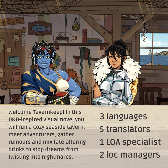In this D&D-inspired visual novel you will run a cozy seaside tavern, meet adventurers, gather rumours and mix fate-altering drinks to stop dreams from twisting into nightmares. LocQuest localized the game into 3 languages.
