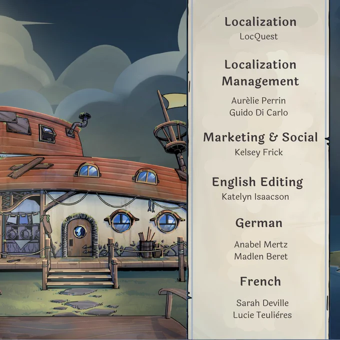 The names and roles of all the localization managers, translators, and LQA specialists involved in localizing the game.