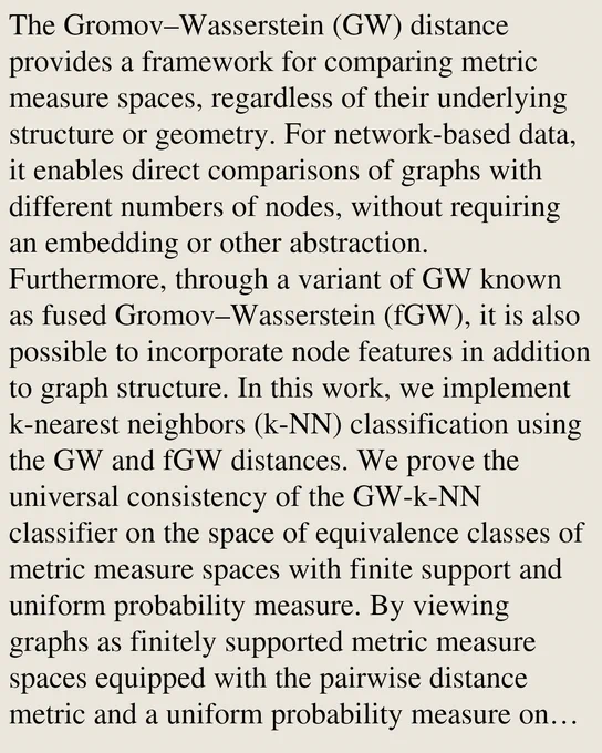 The Gromov–Wasserstein (GW) distance provides a framework for comparing metric measure spaces, regardless of their underlying structure or geometry. For network-based data, it enables direct comparisons of graphs with different numbers of nodes, without requiring an embedding or other abstraction. Furthermore, through a variant of GW known as fused Gromov–Wasserstein (fGW), it is also possible to incorporate node features in addition to graph structure. In this work, we implement k-nearest neighbors (k-NN) classification using the GW and fGW distances. We prove the universal consistency of the GW-k-NN classifier on the space of equivalence classes of metric measure spaces with finite support and uniform probability measure. By viewing graphs as finitely supported metric measure spaces equipped with the pairwise distance metric and a uniform probability measure on the nodes, we obtain universal consistency of GW-k-NN for the space of graphs. Likewise for fGW-k-NN, we prove universal con