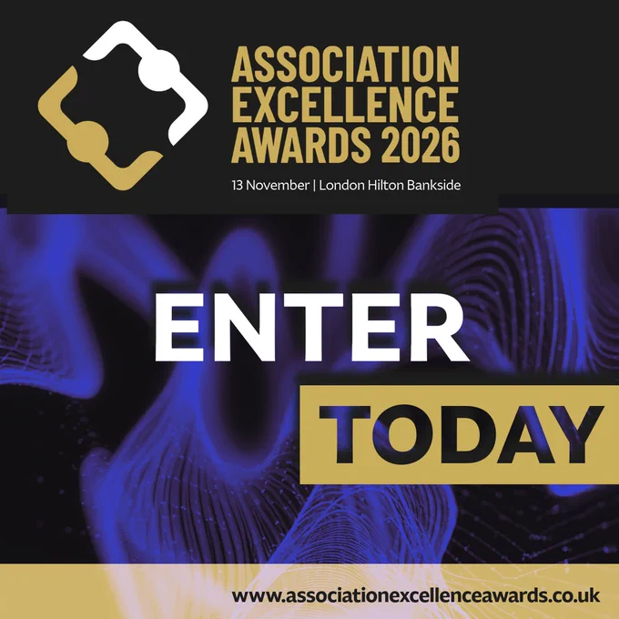 Promotional image for the Association Excellence Awards 2026, featuring a call to 'Enter Today.' The event takes place on 13 November at London Hilton Bankside.