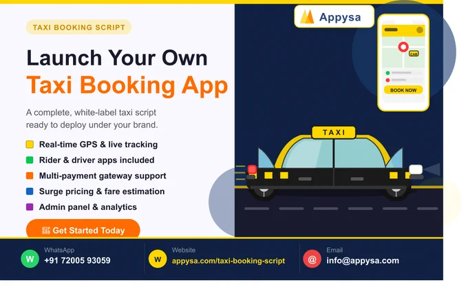 Want to launch your own taxi booking platform?
Appysa's Taxi Booking Script makes it easy! Go live in days, not months. 
🔗https://appysa.com/taxi-booking-script/