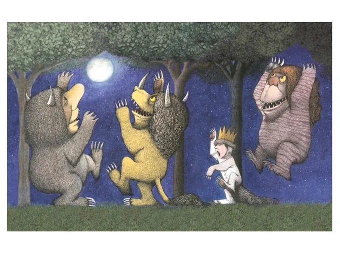 An illustrated page from Where The Wild Things Are. Max and the monsters having a wild rumpus.