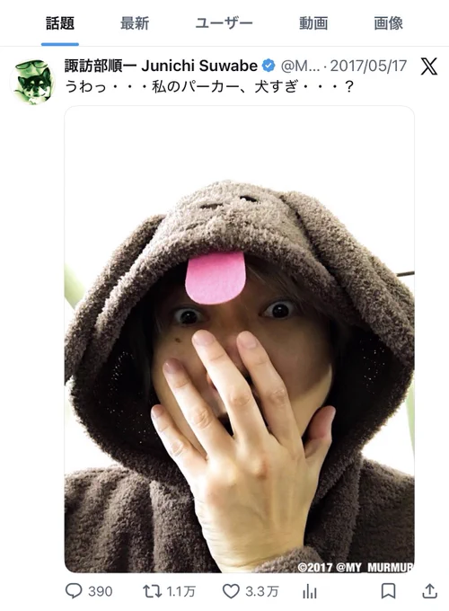 マッカチンというプードルがモチーフのパーカを着る私の写真を載せた2017年の投稿