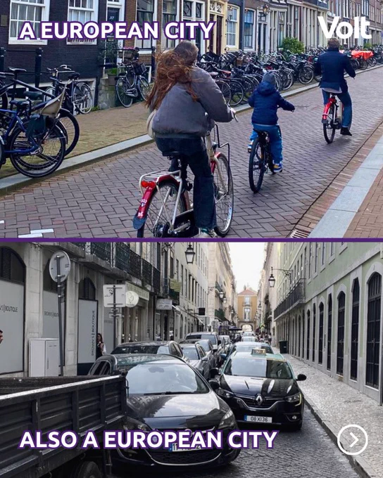 A split image showing two contrasting European street scenes under the Volt brand logo. The top image features people riding bicycles down a brick-paved street lined with parked bikes and classic buildings, captioned "A EUROPEAN CITY." The bottom image shows a narrow, cobblestone street completely packed with parked and idling cars, captioned "ALSO A EUROPEAN CITY."