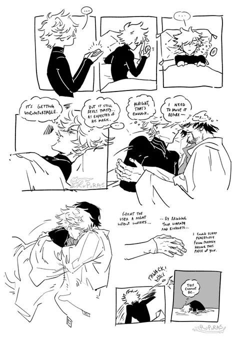 witch hat atelier comic black and white. comic begins with qifrey holding the snugstone in his palms, standing. then pans to him in bed, putting the snugstone next to him and then lying down, with a furrowed expression as he pulls the covers up. then to a close up of his expression, closed eye, thinking, “it’s getting uncomfortable. but it still feels toasty… as expected of his magic.” he stays like this before finally deciding, “alright, that’s enough. i need to move it before… i…” he turns his body to reach for the snugstone but olruggio suddenly appears beside him, already reaching around qifrey, and then hugging him. a dream of some sort, his presence felt with his magic. qifrey thinks, “grant the user a night without worries by bringing your warmth and kindness… i could sleep peacefully from merely having this piece of you.” he sits up and throws the snugstone across the room. pans to him in the bath waters, clothes still on, face in the water, thinking, “this cannot be.”