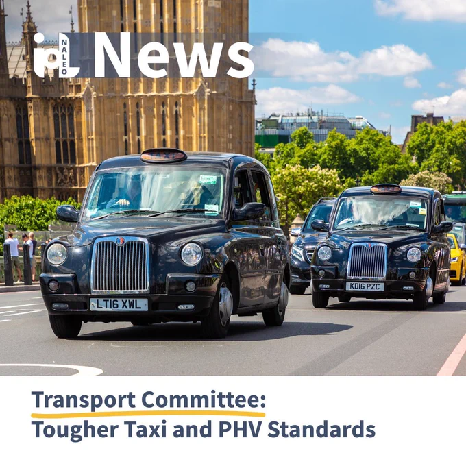 IoL News graphic featuring two black taxi cabs on a London street with the Houses of Parliament visible in the background, with the text: Transport Committee: Tougher Taxi and PHV Standards.