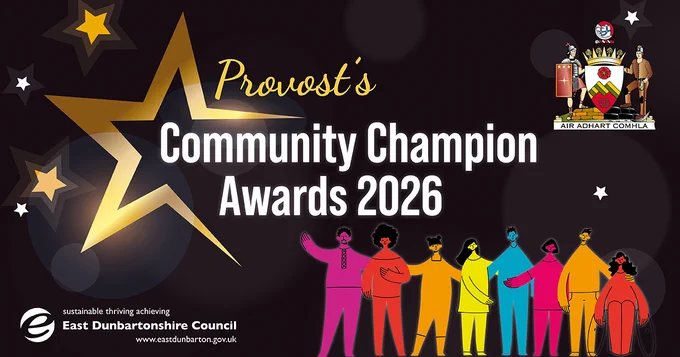 black graphic with a gold star and text that reads 'provost's community champion awards 2026' and a line of people underneath