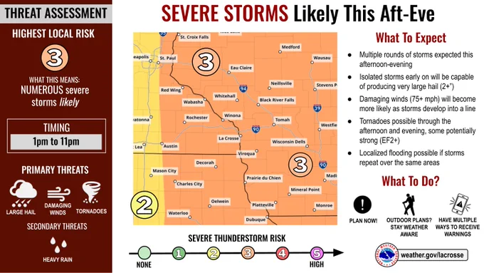 A map of the severe weather outlook for this afternoon, June 10, showing a level 3 out of 5 risk across the Upper Mississippi River Valley.