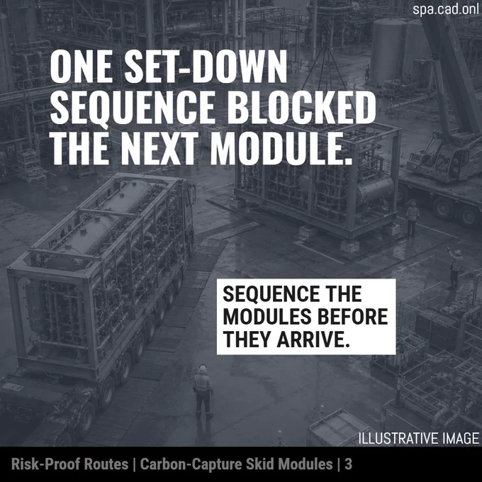 Illustrative image showing an elevated view of a dense industrial plant yard where one modular process skid has been set down while another skid module remains on a specialist transporter nearby. Cranes, pipework, plant structures and workers surround the compact work area, showing how one set-down position can affect the next module’s access route. Overlaid text reads: “One set-down sequence blocked the next module.” and “Sequence the modules before they arrive.
