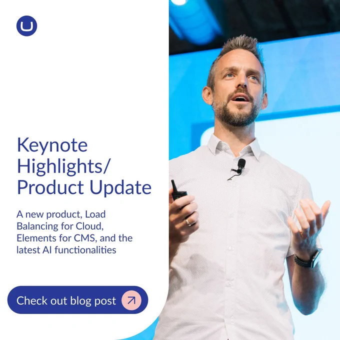 A promotional graphic featuring Umbraco CTO, Filip Beck-Larsen speaking on a stage against a bright blue background. The left side displays text reading "Keynote Highlights/ Product Update" regarding new cloud and AI features, along with a button that says "Check out blog post."