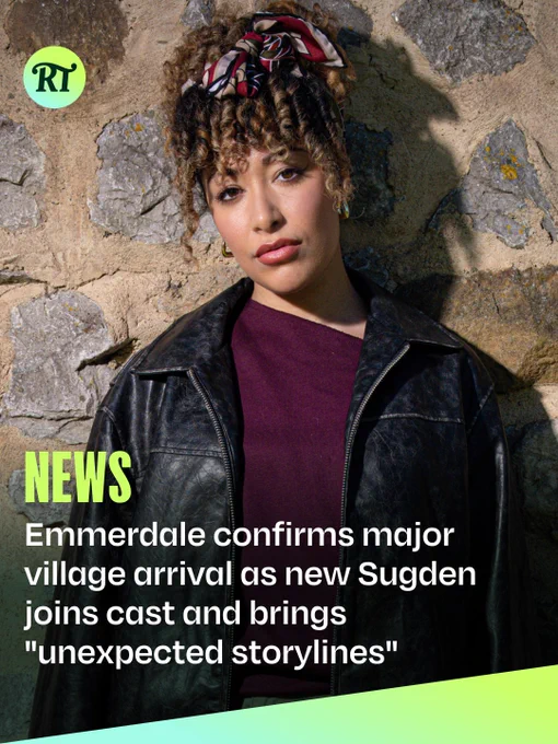 Casey Al-Shaqsy as new character Serena in Emmerdale - she wears a leather jacket over a purple top - she also has a multicoloured bow in her hair. She stands against a stone wall. A Radio Times headline below reads: "Emmerdale confirms major village arrival as new Sugden joins cast and brings "unexpected storylines""