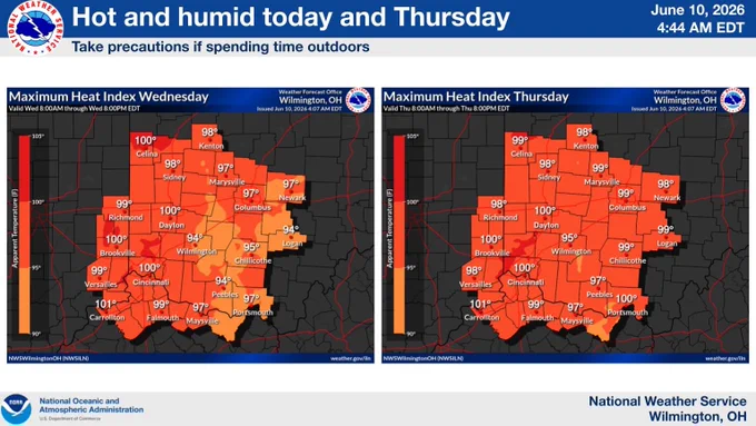 Maps showing forecast maximum heat index today and Thursday
