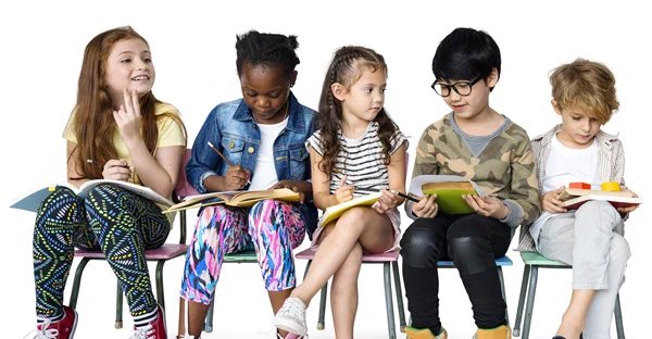 Photograph showing five children of different ages and ethnicities reading.