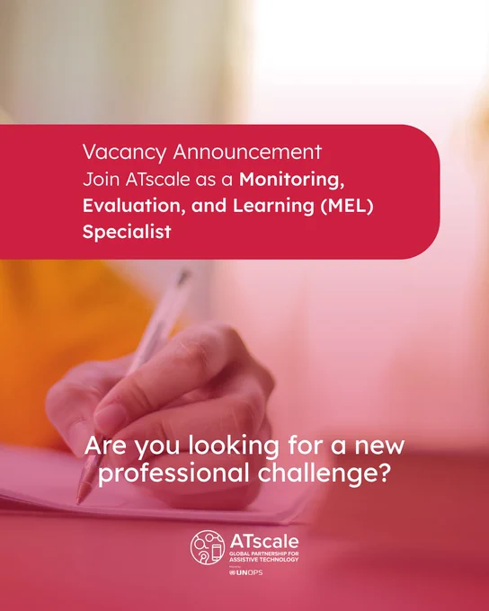 Promotional recruitment graphic for ATscale showing a close up of a person writing in a notebook. A red banner at the top reads “Vacancy Announcement: Join ATscale as a Monitoring, Evaluation, and Learning (MEL) Specialist.” Large text in the center asks, “Are you looking for a new professional challenge?” The ATscale logo appears at the bottom. The image uses ATscale’s brand colors with a red and pink overlay.
