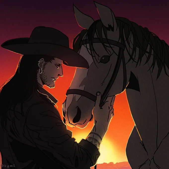 An illustration of a lone gunslinger and his horse against a sunset backdrop.