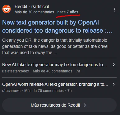 "New text generator built by OpenAI considered too dangerous to release"
Post de Reddit de hace 7 años
