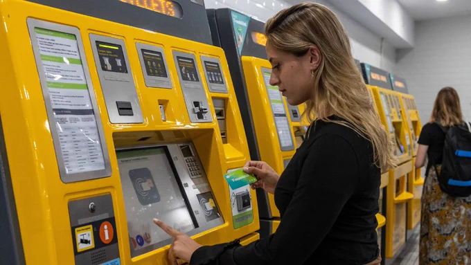 Usuària a una màquina de venda de bitllets consultant la seva targeta T-mobilitat.