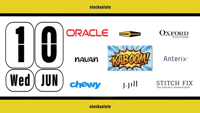 Stock Earnings Calendar for 10 June 2026. The design features a yellow top and bottom banner. The middle section has a "Kaboom!"-style funny cartoon design to emphasize epicness. The following company logos are visible: Oracle, Core & Main, Oxford Industries, Anteriad, Stitch Fix, J.Jill, Chewy, Navan.