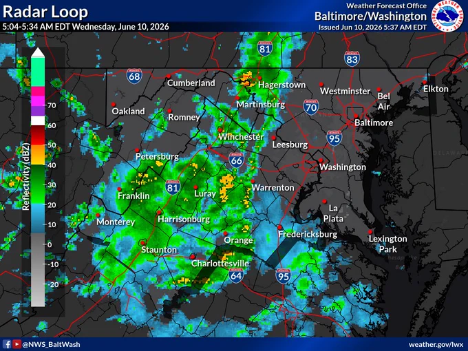 A map of the Mid-Atlantic shows a radar image with lots of showers, some heavy, moving across the region.