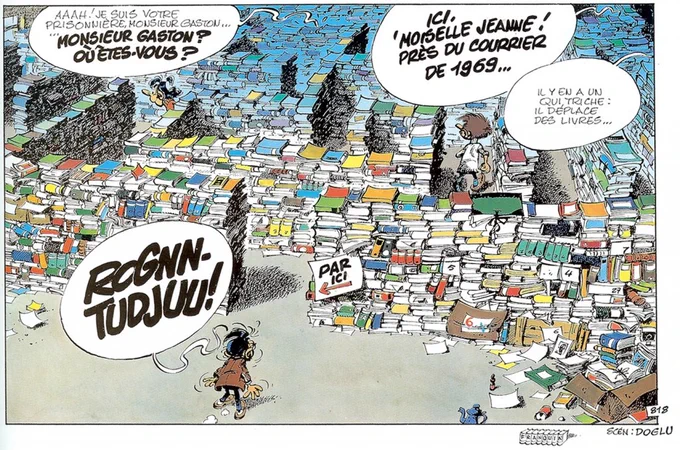 Franquin, "Gaston Lagaffe maintaining the Dupuis archives"