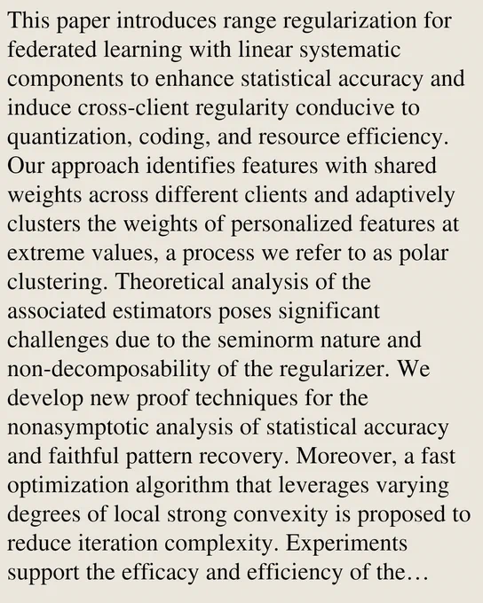 This paper introduces range regularization for federated learning with linear systematic components to enhance statistical accuracy and induce cross-client regularity conducive to quantization, coding, and resource efficiency. Our approach identifies features with shared weights across different clients and adaptively clusters the weights of personalized features at extreme values, a process we refer to as polar clustering. Theoretical analysis of the associated estimators poses significant challenges due to the seminorm nature and non-decomposability of the regularizer. We develop new proof techniques for the nonasymptotic analysis of statistical accuracy and faithful pattern recovery. Moreover, a fast optimization algorithm that leverages varying degrees of local strong convexity is proposed to reduce iteration complexity. Experiments support the efficacy and efficiency of the proposed approach.