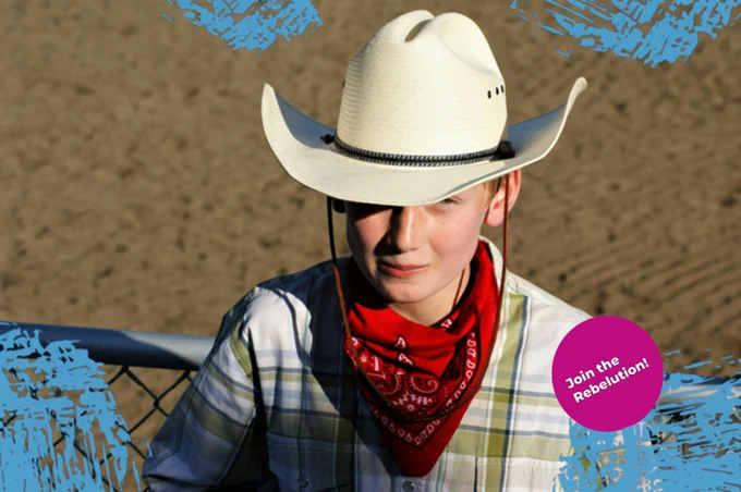 Image of a boy in a cowboy hat, with the tagline Join the Rebelution attached
