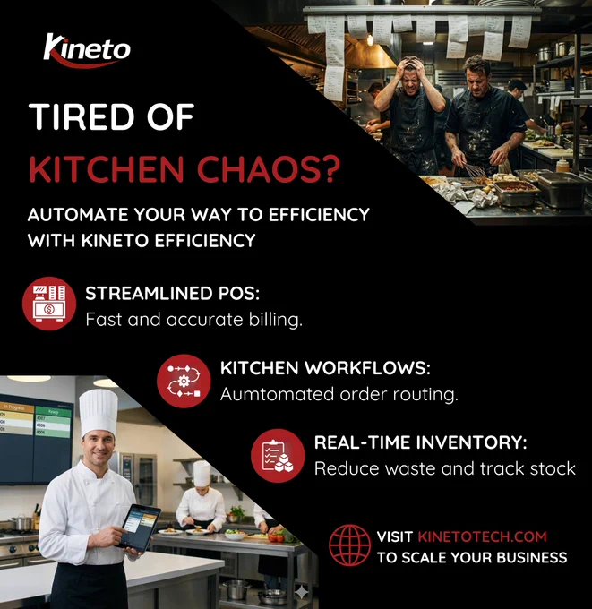 A Kineto branded social media ad on a black background. The headline reads "Tired of Kitchen Chaos?" followed by the subheading "Automate Your Way to Efficiency with Kineto Efficiency." Three features are listed with icons: Streamlined POS for fast and accurate billing, Kitchen Workflows with automated order routing, and Real-Time Inventory to reduce waste and track stock. The ad includes two images of professional kitchens, one showing stressed chefs in a chaotic kitchen environment and one showing a calm chef using a tablet. The Kineto logo appears in the top left and a call to action reads "Visit kinetotech.com to scale your business."
