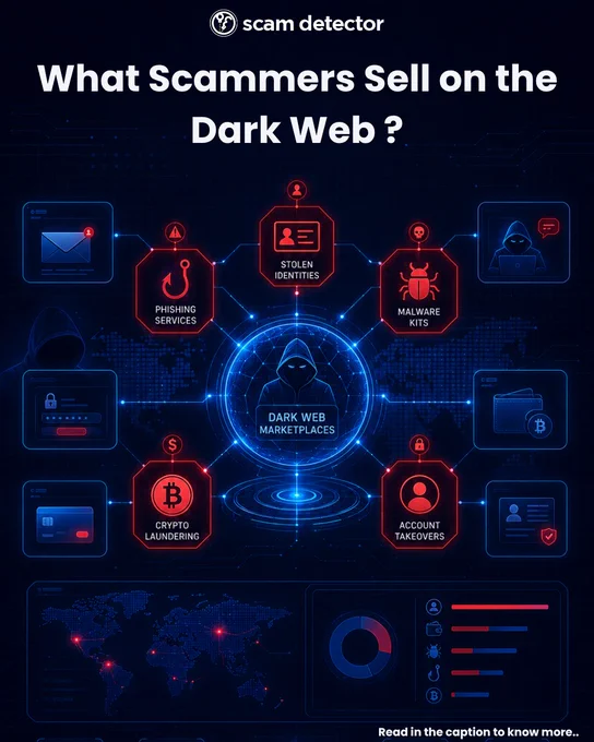 A dark blue Scam Detector infographic maps out common products and services sold on dark web marketplaces. Neon red warning panels highlight phishing services, stolen identities, malware kits, crypto laundering, and account takeovers connected to a hooded figure at the center. The visual feels ominous, high-tech, and focused on cybercrime awareness.