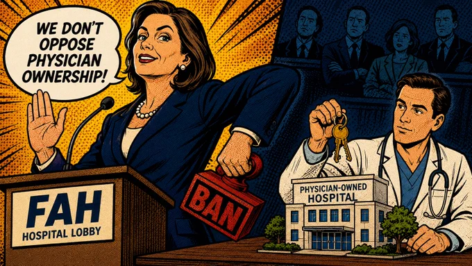 Pop-art comic image depicting the CEO of FAH at a podium saying “We don’t oppose physician ownership!” while hiding a red “BAN” stamp behind her back. A physician in a white coat holds keys beside a small physician-owned hospital, emphasizing the gap between public messaging and lobbying against physician-owned hospital competition.