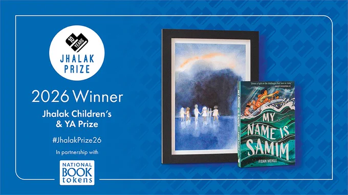 Digital image with blue background, with logos on the left. Text announcing 2026 winners in white font. On the right: a black framed painting of children gathering before a storm cloud and the book jacket of the My Name is Samim